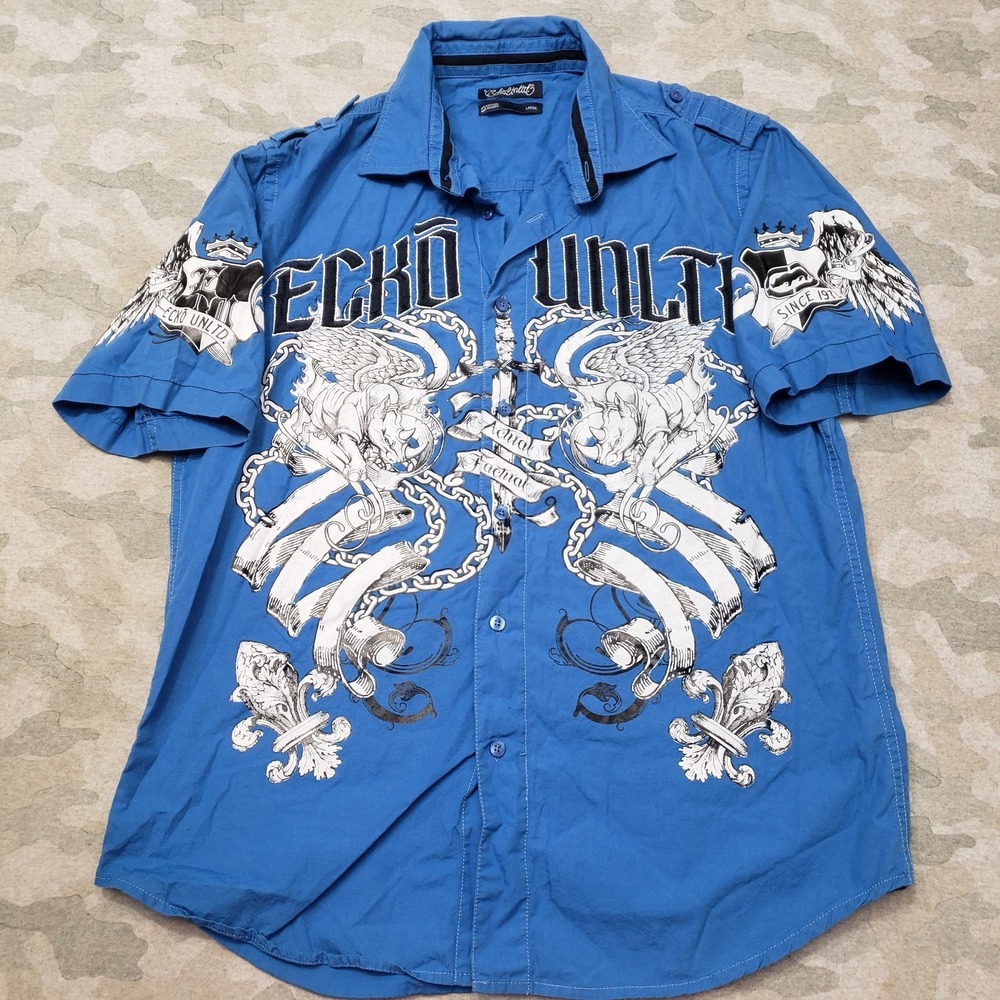 Vintage Ecko‎ Unlimited Shirt Men Large Blue Short Sleeve Button Y2k Embroidered